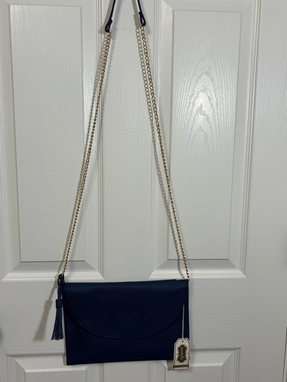 NWT Mud Pie Navy Envelope Crossbody Clutch  Gold Chain & Tasse - Picture 7 of 7